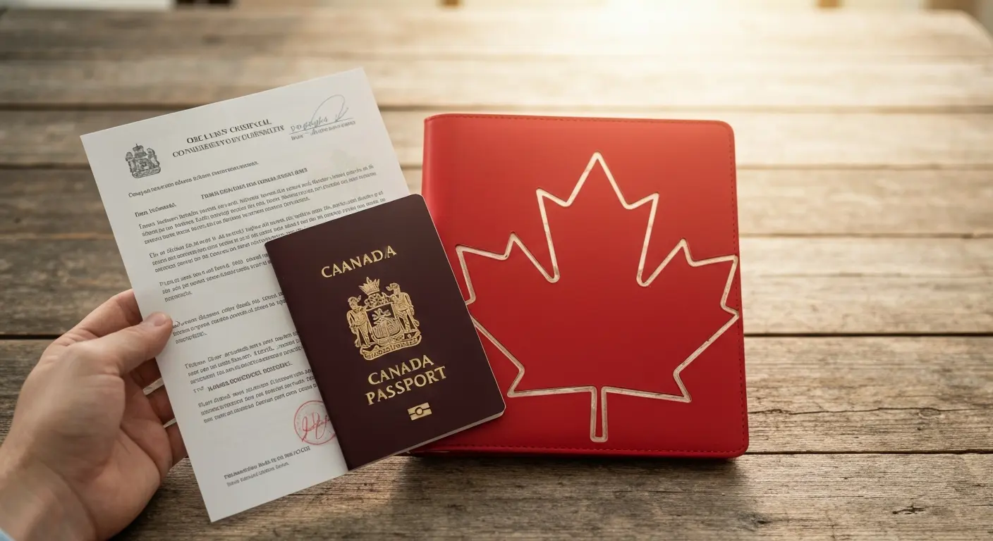 A hand holding an official government letter beside a Canadian permanent resident card and passport on a table